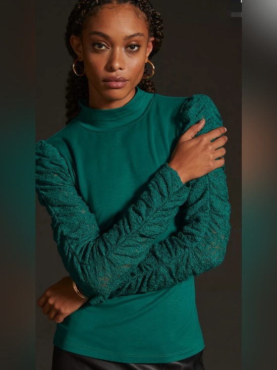 Maeve Tops - Anthropologie Maeve Green Ruched Sleeve Mock Neck Top Small